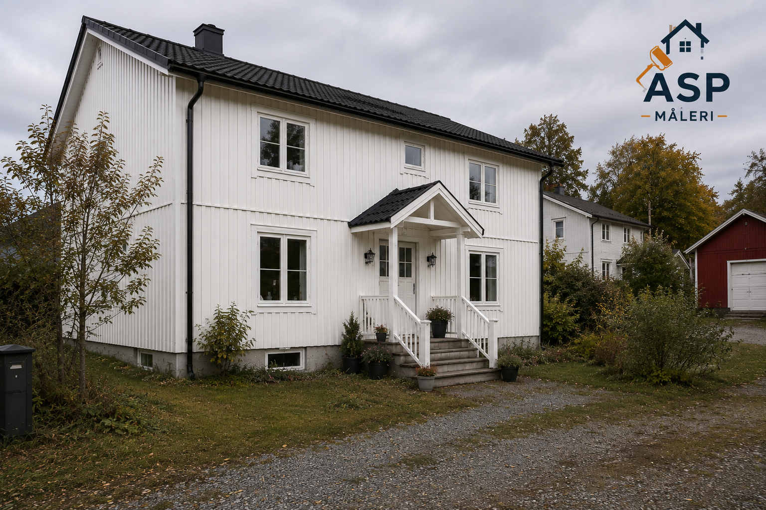Vitmålad träfasad på tvåvåningshus