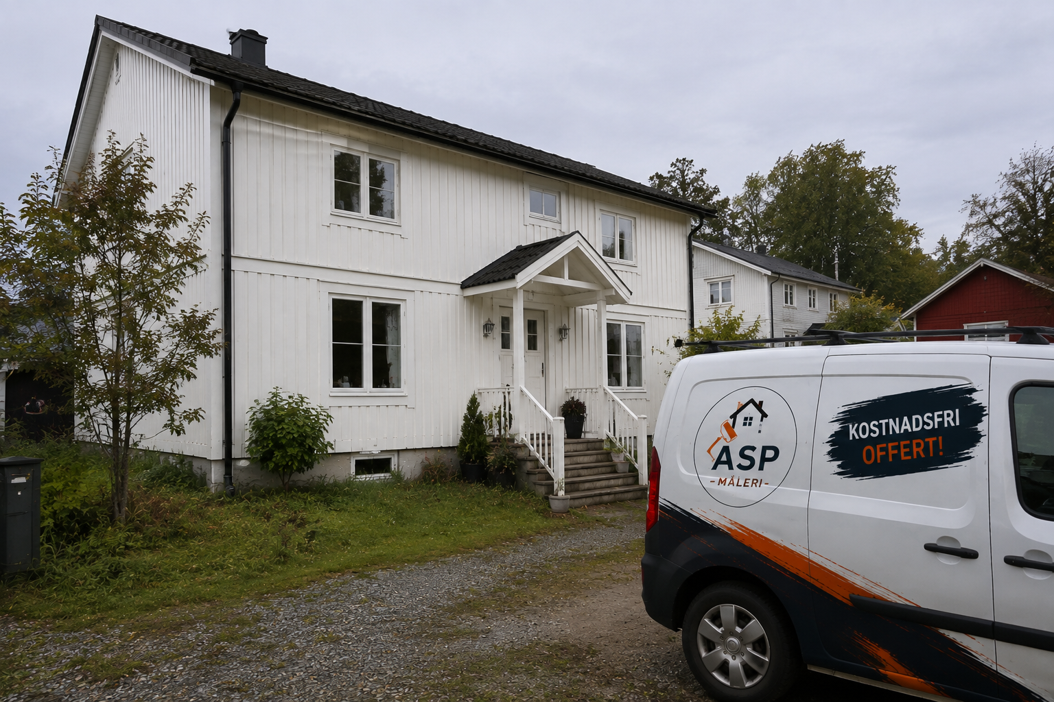 ASP Måleris servicebil med logotyp parkerad vid ett vitmålat trähus